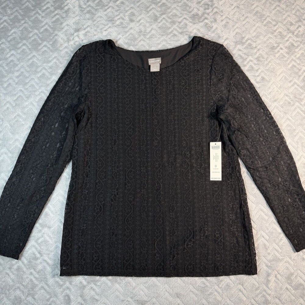 Chico's Lace Blouse‎ Shirt SZ Small (0) Black Long-Sleeve Fashion Knit Top NWT